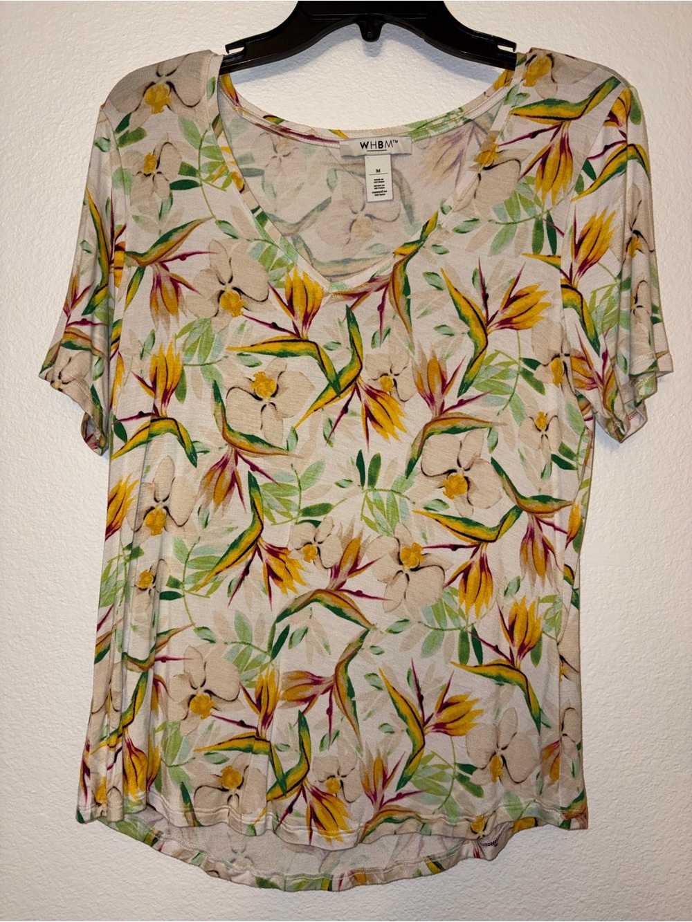 WHBM Tropical Orchid Floral Short Sleeve V-Neck Tee Top Medium